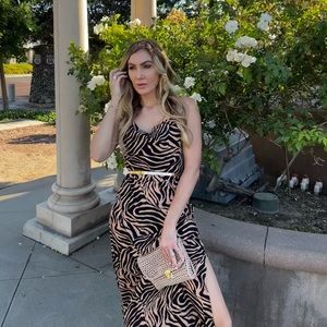 Black and tan zebra print maxi dress